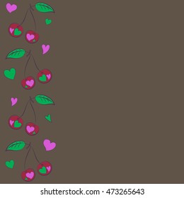Vector seamless pattern of vertical stylized cherry love motif with hearts, hole, spots, doodles on colored background with copy space. Hand drawn. Vertical seamless cherry background.