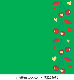 Vector seamless pattern of vertical stylized cherry love motif with hearts, hole, spots, doodles on colored background with copy space. Hand drawn. Vertical seamless cherry background.