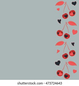 Vector seamless pattern of vertical stylized cherry love motif with hearts, hole, spots, doodles on colored background with copy space. Hand drawn. Vertical seamless cherry background.