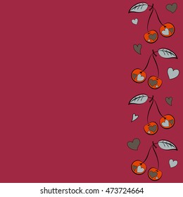 Vector seamless pattern of vertical stylized cherry love motif with hearts, hole, spots, doodles on colored background with copy space. Hand drawn. Vertical seamless cherry background.