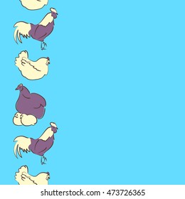 Vector seamless pattern of vertical stylized rooster, hen, cock, chicken with hole and spots on colored background. Hand drawn. Colorfil seamless cock and hen background.