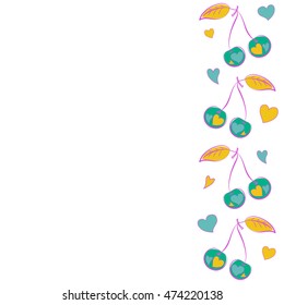Vector seamless pattern of vertical stylized cherry love motif with hearts, hole, spots, doodles on colored background with copy space. Hand drawn. Vertical seamless cherry background.