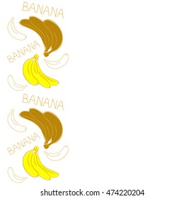 Vector seamless pattern of vertical stylized banana motif with text banana, hole, spots, doodles on colored background with copy space. Hand drawn. Vertical seamless banana background.