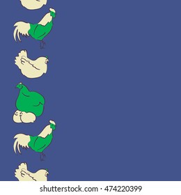 Vector seamless pattern of vertical stylized rooster, hen, cock, chicken with hole and spots on colored background. Hand drawn. Colorfil seamless cock and hen background.