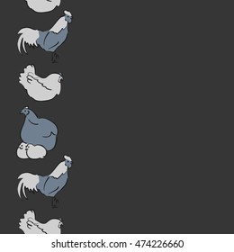 Vector seamless pattern of vertical stylized rooster, hen, cock, chicken with hole and spots on colored background. Hand drawn. Colorfil seamless cock and hen background.