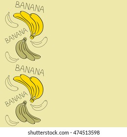 Vector seamless pattern of vertical stylized banana motif with text banana, hole, spots, doodles on colored background with copy space. Hand drawn. Vertical seamless banana background.