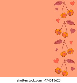 Vector seamless pattern of vertical stylized cherry love motif with hearts, hole, spots, doodles on colored background with copy space. Hand drawn. Vertical seamless cherry background.