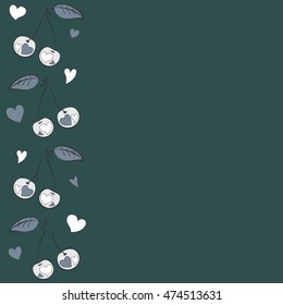Vector seamless pattern of vertical stylized cherry love motif with hearts, hole, spots, doodles on colored background with copy space. Hand drawn. Vertical seamless cherry background.