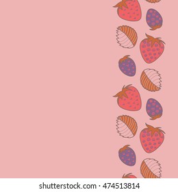 Vector seamless pattern of vertical stylized berry motif, hole, spots, strawberry with leaves, doodles on colored background with copy space. Hand drawn. Vertical seamless strawberry background.