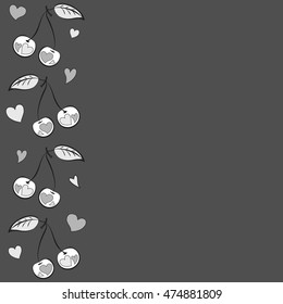 Vector seamless pattern of vertical stylized cherry love motif with hearts, hole, spots, doodles on colored background with copy space. Hand drawn. Vertical seamless cherry background.