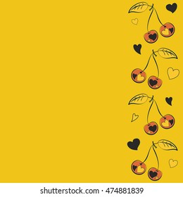 Vector seamless pattern of vertical stylized cherry love motif with hearts, hole, spots, doodles on colored background with copy space. Hand drawn. Vertical seamless cherry background.