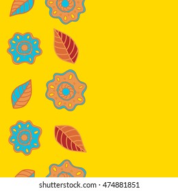 Vector seamless pattern of vertical stylized floral motif, hole, spots, flowers, doodles on colored background with copy space. Hand drawn. Vertical seamless floral background.