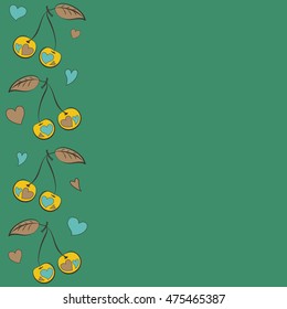 Vector seamless pattern of vertical stylized cherry love motif with hearts, hole, spots, doodles on colored background with copy space. Hand drawn. Vertical seamless cherry background.