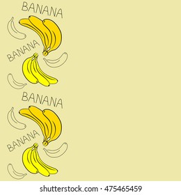 Vector seamless pattern of vertical stylized banana motif with text banana, hole, spots, doodles on colored background with copy space. Hand drawn. Vertical seamless banana background.