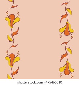Vector seamless pattern of vertical stylized floral motif, hole, spots, flowers, doodles on colored background with copy space. Hand drawn. Vertical seamless floral background.