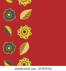 Vector seamless pattern of vertical stylized floral motif, hole, spots, flowers, doodles on colored background with copy space. Hand drawn. Vertical seamless floral background.