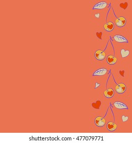 Vector seamless pattern of vertical stylized cherry love motif with hearts, hole, spots, doodles on colored background with copy space. Hand drawn. Vertical seamless cherry background.