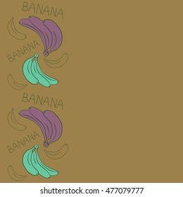 Vector seamless pattern of vertical stylized banana motif with text banana, hole, spots, doodles on colored background with copy space. Hand drawn. Vertical seamless banana background.