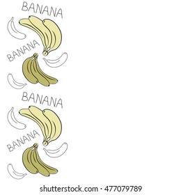 Vector seamless pattern of vertical stylized banana motif with text banana, hole, spots, doodles on colored background with copy space. Hand drawn. Vertical seamless banana background.