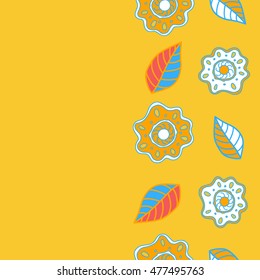 Vector seamless pattern of vertical stylized floral motif, hole, spots, flowers, doodles on colored background with copy space. Hand drawn. Vertical seamless floral background.