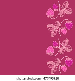 Vector seamless pattern of vertical stylized berry motif, hole, spots, strawberry with leaves, doodles on colored background with copy space. Hand drawn. Vertical seamless strawberry background.