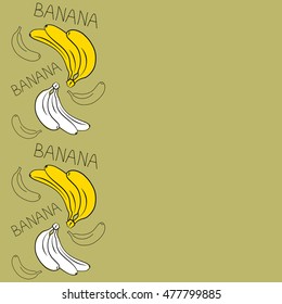 Vector seamless pattern of vertical stylized banana motif with text banana, hole, spots, doodles on colored background with copy space. Hand drawn. Vertical seamless banana background.