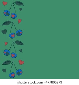 Vector seamless pattern of vertical stylized cherry love motif with hearts, hole, spots, doodles on colored background with copy space. Hand drawn. Vertical seamless cherry background.