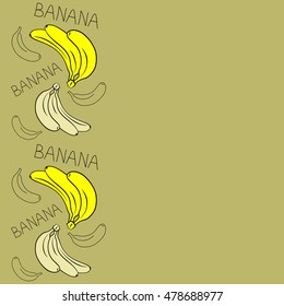 Vector seamless pattern of vertical stylized banana motif with text banana, hole, spots, doodles on colored background with copy space. Hand drawn. Vertical seamless banana background.
