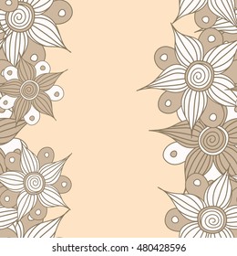 Vector seamless pattern of vertical stylized floral motif, flowers, hole, spots, doodles on colored background with copy space (place for your text). Hand drawn. Vertical seamless floral background.