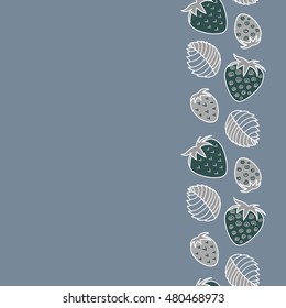 Vector seamless pattern of vertical stylized berry motif, hole, spots, strawberry with leaves, doodles on colored background with copy space. Hand drawn. Vertical seamless strawberry background.