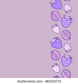 Vector seamless pattern of vertical stylized berry motif, hole, spots, strawberry with leaves, doodles on colored background with copy space. Hand drawn. Vertical seamless strawberry background.