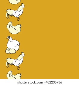 Vector seamless pattern of vertical stylized rooster, hen, cock, chicken with hole and spots on colored background. Hand drawn. Colorfil seamless cock and hen background.