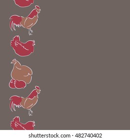 Vector seamless pattern of vertical stylized rooster, hen, cock, chicken with hole and spots on colored background. Hand drawn. Colorfil seamless cock and hen background.