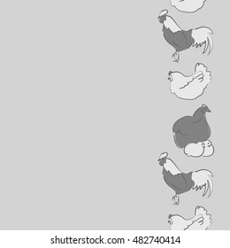 Vector seamless pattern of vertical stylized rooster, hen, cock, chicken with hole and spots on colored background. Hand drawn. Colorfil seamless cock and hen background.