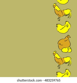 Vector seamless pattern of vertical stylized rooster, hen, cock, chicken with hole and spots on colored background. Hand drawn. Colorfil seamless cock and hen background.