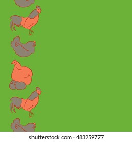 Vector seamless pattern of vertical stylized rooster, hen, cock, chicken with hole and spots on colored background. Hand drawn. Colorfil seamless cock and hen background.
