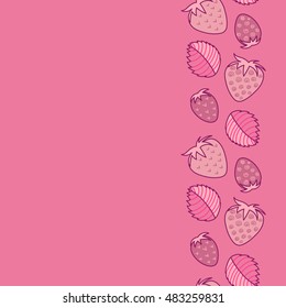 Vector seamless pattern of vertical stylized berry motif, hole, spots, strawberry with leaves, doodles on colored background with copy space. Hand drawn. Vertical seamless strawberry background.