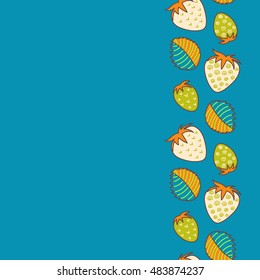 Vector seamless pattern of vertical stylized berry motif, hole, spots, strawberry with leaves, doodles on colored background with copy space. Hand drawn. Vertical seamless strawberry background.