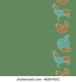 Vector seamless pattern of vertical stylized rooster, hen, cock, chicken with hole and spots on colored background. Hand drawn. Colorfil seamless cock and hen background.