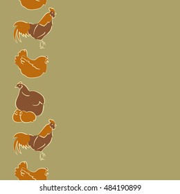 Vector seamless pattern of vertical stylized rooster, hen, cock, chicken with hole and spots on colored background. Hand drawn. Colorfil seamless cock and hen background.
