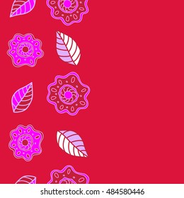 Vector seamless pattern of vertical stylized floral motif, hole, spots, flowers, doodles on colored background with copy space. Hand drawn. Vertical seamless floral background.