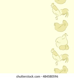 Vector seamless pattern of vertical stylized rooster, hen, cock, chicken with hole and spots on colored background. Hand drawn. Colorfil seamless cock and hen background.