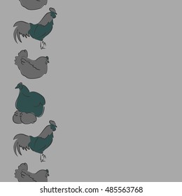 Vector seamless pattern of vertical stylized rooster, hen, cock, chicken with hole and spots on colored background. Hand drawn. Colorfil seamless cock and hen background.