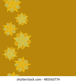 Vector seamless pattern of vertical stylized floral motif, flowers, hole, spots, doodles on brown background with copy space (place for your text). Hand drawn. Vertical seamless floral background.