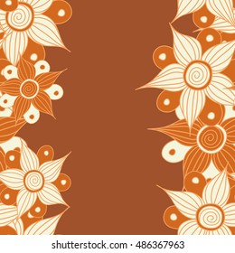 Vector seamless pattern of vertical stylized floral motif, flowers, hole, spots, doodles on brown background with copy space (place for your text). Hand drawn. Vertical seamless floral background.