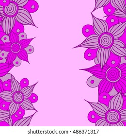 Vector seamless pattern of vertical stylized floral motif, flowers, hole, spots, doodles on pink background with copy space (place for your text). Hand drawn. Vertical seamless floral background.
