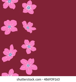 Vector seamless pattern of vertical stylized floral motif, forget-me-not flowers, hole, spots, doodles on red background. Copy space. Hand drawn forget-me-not flowers.