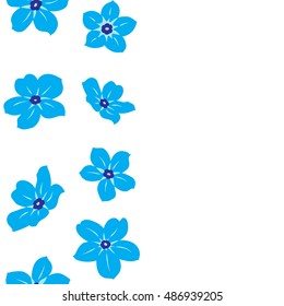 Vector seamless pattern of vertical stylized floral motif, forget-me-not flowers, hole, spots, doodles on white background. Hand drawn forget-me-not flowers. Copy space.
