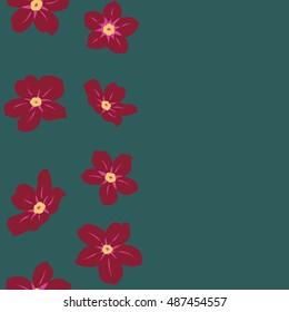 Vector seamless pattern of vertical stylized floral motif, forget-me-not flowers, hole, spots, doodles on green background. Hand drawn forget-me-not flowers. Copy space. Seamless floral background.