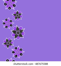 Vector seamless pattern of vertical stylized floral motif, flowers, hole, spots, doodles on violet background with copy space (place for your text). Hand drawn. Vertical seamless floral background.